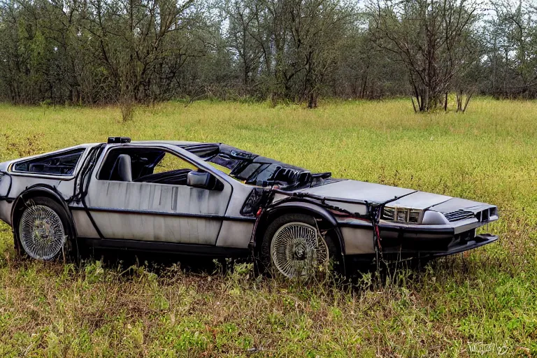 Image similar to abandoned 2 0 2 2 delorean time machine in a field