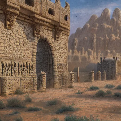 Image similar to detailed and highly intricate art of standstone walls protecting a large desert kingdom with many buildings and towers, 8 k concept fantasy art illustration