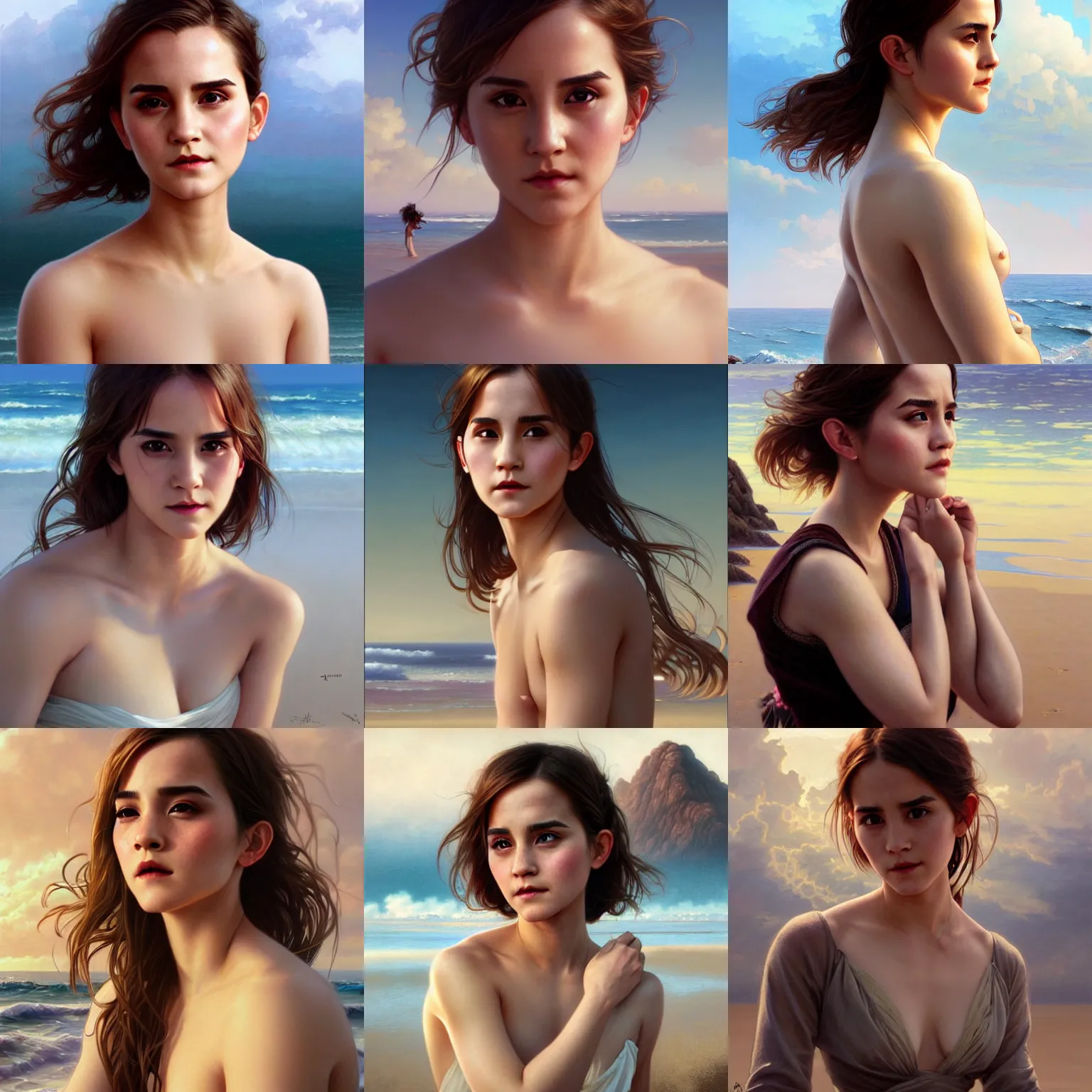 Prompt: ultra realistic illustration, wide angle shot, asian emma watson on a beach, intricate, elegant, highly detailed, digital painting, artstation, concept art, smooth, sharp focus, illustration, art by artgerm and greg rutkowski and alphonse mucha