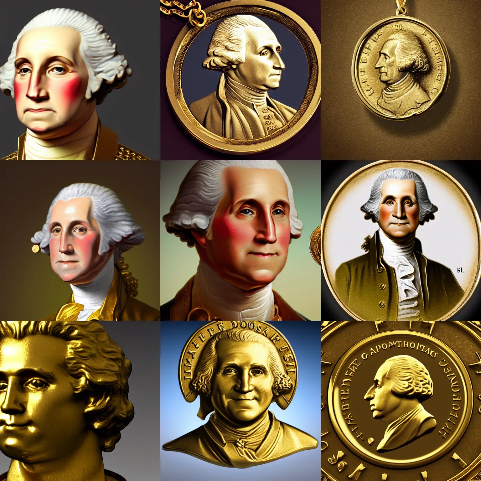 Prompt: a closeup photorealistic illustration of a happy George Washington holding wearing a small gold Doubloon coin as a necklace. This 4K HD image is Trending on Artstation, featured on Behance, well-rendered, extra crisp, features intricate detail and the style of Unreal Engine.