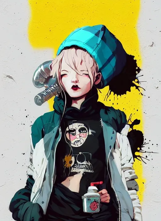 Image similar to highly detailed portrait of a sewer punk lady student, blue eyes, tartan hoodie, white hair by atey ghailan, by greg rutkowski, by greg tocchini, by james gilleard, by joe fenton, by kaethe butcher, gradient yellow, black, brown and pink color scheme, grunge aesthetic!!! ( ( graffiti tag wall background ) )