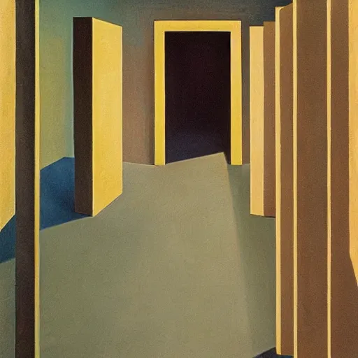 Image similar to first person view of a stark concrete maze, people stepping into elevators, grant wood, pj crook, edward hopper, oil on canvas