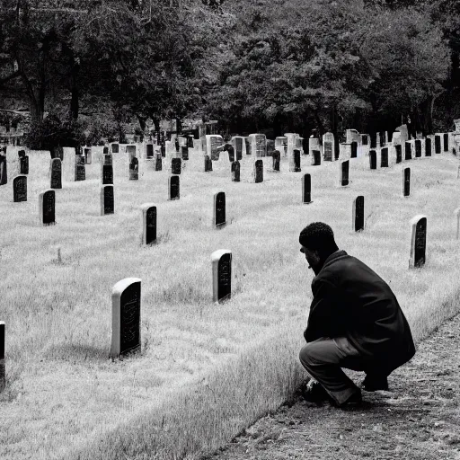 Prompt: a soul looking at his grave