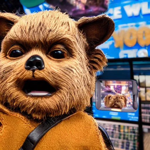 Image similar to Ewoks taking a selfie at Walmart, intricate detail, photo realistic, subsurface scatter, stage lighting, vray render, cinematic quality