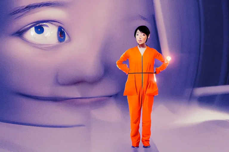 Image similar to an 8 k photograph depicting haruka abe wearing an orange prison jumpsuit. behind her a blue holographic face hangs in the air, dominating the background scene. futuristic medical equipment surrounds haruka abe. cinematic lighting, soft focus, panavision camera, sci fi, futuristic,