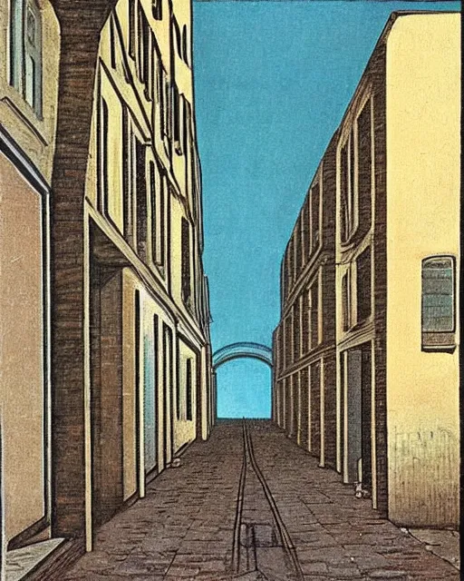 Prompt: empty street on a melancholy rainy night of cyberpunk city de chirico