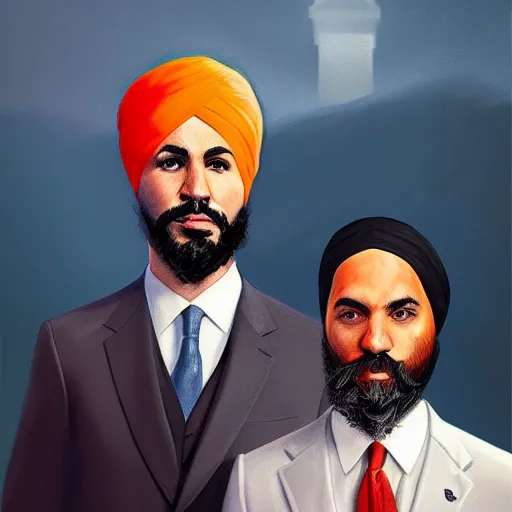 Image similar to Justin Trudeau and Jagmeet Singh in the american gothic painting, concept art, sharp focus, highly detailed digital painting by Grant Wood, artstation