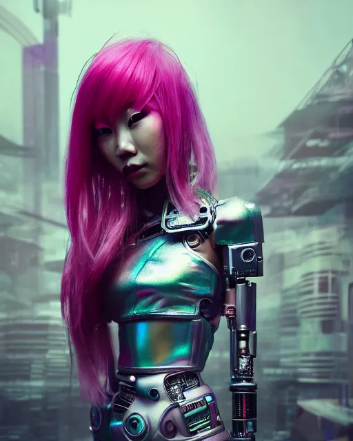 Image similar to portrait of a beautiful thai woman with pink hair as a cyberpunk cyborg half robot, sci - fi, missing panels, intricate abstract upper body intricate artwork, concept art, octane render, deviantart, cinematic, key art, hyperrealism, iridescent accents, portrait photograph, nikon 3 5 mm, photograph by greg rutkowski