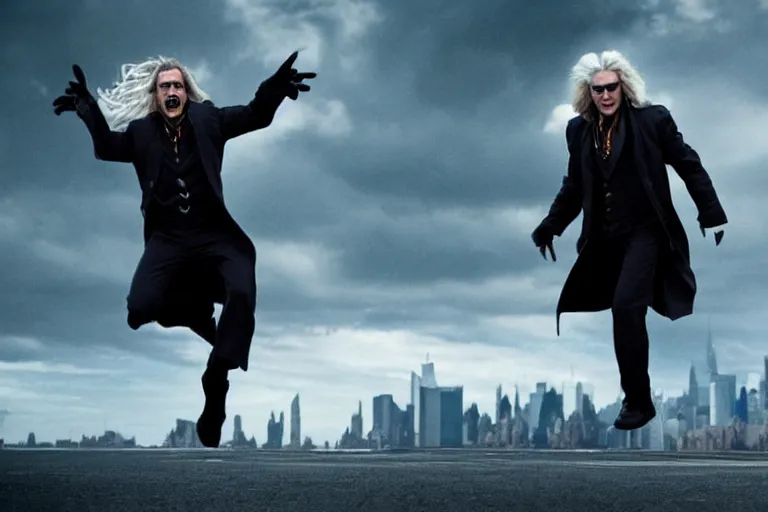 Image similar to vfx movie suave handsome grinning vampire with long white hair, trench coat, dual wielding large revolvers, leaping into the air, low gravity in a shattered reality of new york city, by emmanuel lubezki
