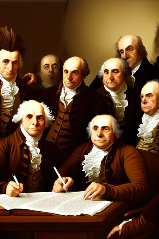 Image similar to portrait of anthropomorphic owls signing of the declaration of independence, dramatic lighting, highly detailed, digital painting, artstation, concept art, smooth, sharp focus, illustration, art by wlop, mars ravelo and greg rutkowski