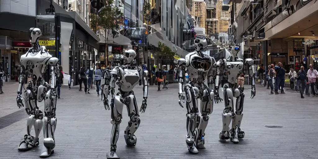 Prompt: A photo of mechanical futuristic robots walking along Rundle Mall in Adelaide, Australia, High detail, realistic photo