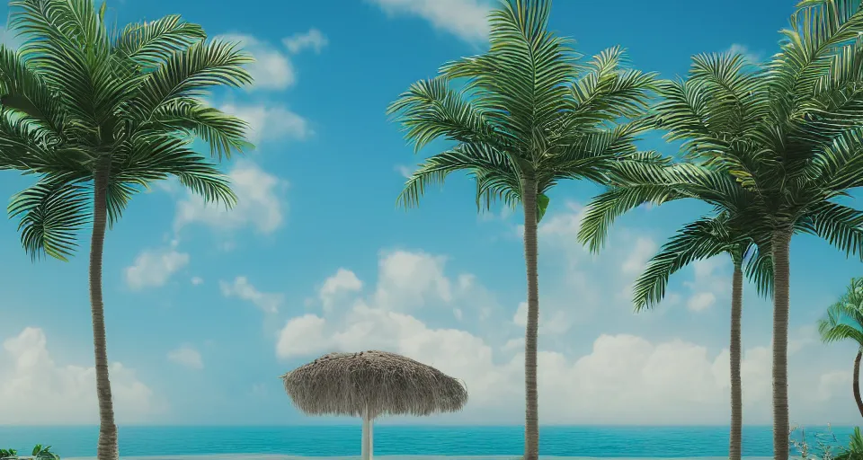 Prompt: perfume bottle in an oasis with palm trees, hiroshi nagai, matte painting, octane render, mute dramatic colours, soft blur outdoor stormy sea background,