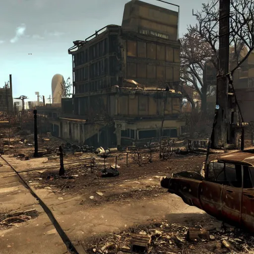 Prompt: st. louis in ruins post - nuclear war in fallout 4, in game screenshot