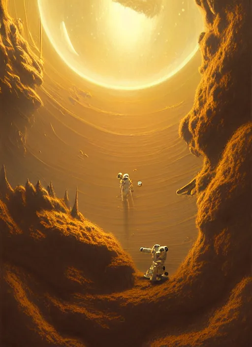 Image similar to extremely detailed, astronaut lush planet, full body, soft light, golden glow, diffuse lighting, fantasy, intricate, surrealism!!!!, highly detailed, lifelike, photorealistic, digital painting, artstation, illustration, concept art, smooth, sharp focus, by greg rutkowski, chris tulloch mccabe, valentina remenar and asher duran,