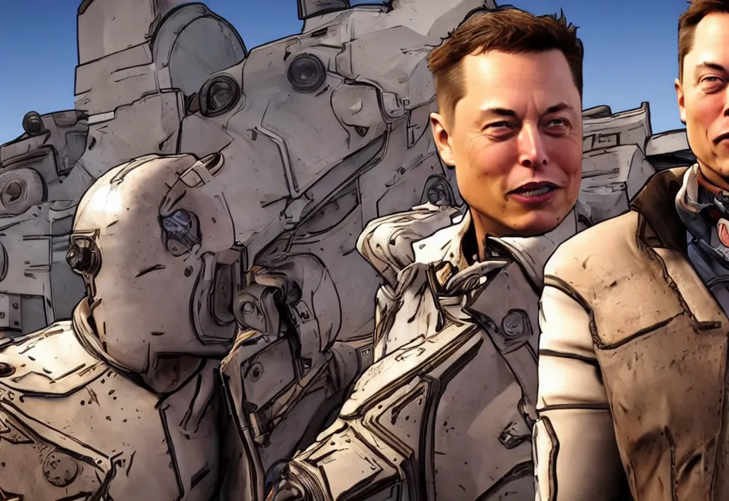 Image similar to elon musk in borderlands elon musk in the video game borderlands, gameplay screenshot, close up, 3 d rendering. unreal engine. amazing likeness. very detailed.