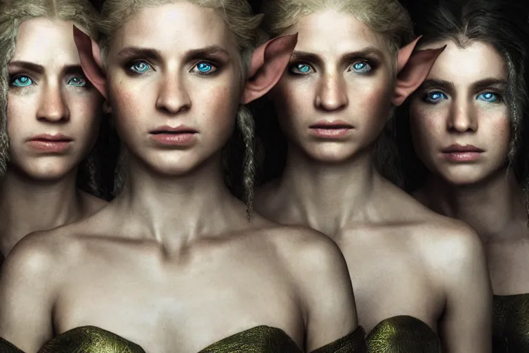 Prompt: a cinematic headshot portrait of three female elf warriors, 8 k, ultra realistic, dramatic lighting, mist, by annie leibovitz