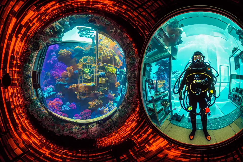 Image similar to detailed portrait of a cyberpunk scuba diver inside a dmt portal, cinematic lighting, corals, big mirrors, stacked computer screens, science lab, fish eye lens, wide angle, 8 k high resolution, by james r eads and tomasz alen kopera