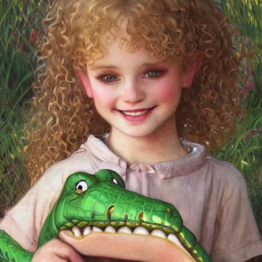 Prompt: a beautiful smiling little [[[[[[blonde toddler]]]]]] girl with short loosely curly hair, at the park on a beautiful day, holding a green stuffed animal alligator, by Artgerm, Mucha Klimt, Hiroshi Yoshida and Craig Mullins, featured on Artstation, CGSociety, Behance HD, Deviantart