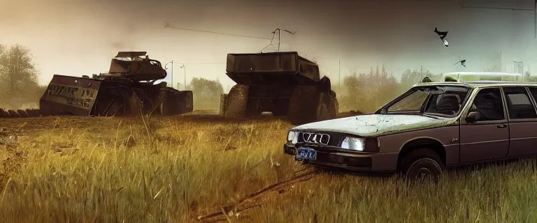 Prompt: Scrap Audi 80 B3 Avant (1988) facing a combine APC, Half-Life 2: Episode 2 (PC), a post-apocalyptic outland, dramatic lighting, cinematic, establishing shot, extremely high detail, photorealistic, cinematic lighting, artstation, by simon stalenhag