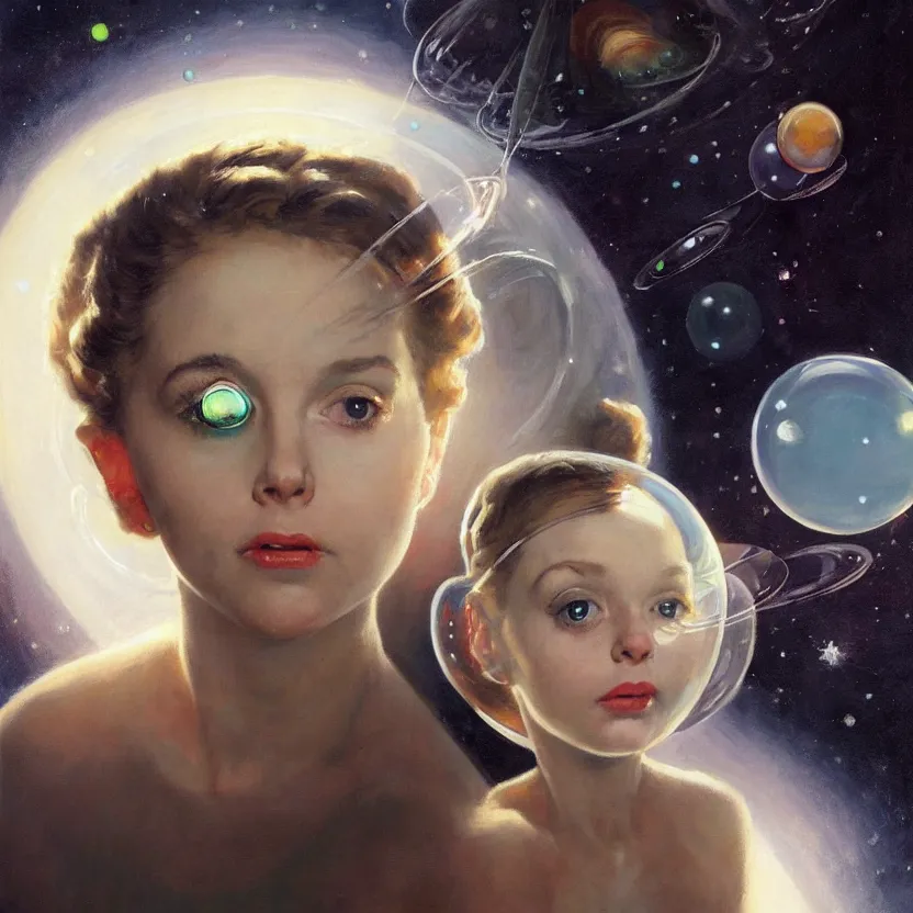 Image similar to portrait painting of a beautiful alien woman with big eyes in space, by norman rockwell. close - up view. floating glowing bubbles. muted colors, soft gradients. dark background. trending on artstation. retrofuturism.