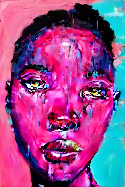 Image similar to portrait of a stylized african young lady, painted in acrylic, pigment textures, wet paint, in the colors hot pink and cyan, beautiful realistic face, rule of thirds, spotlight, by greg rutkowski, by jeremy mann, by francoise nielly, by van gogh, by ross tran, in focus