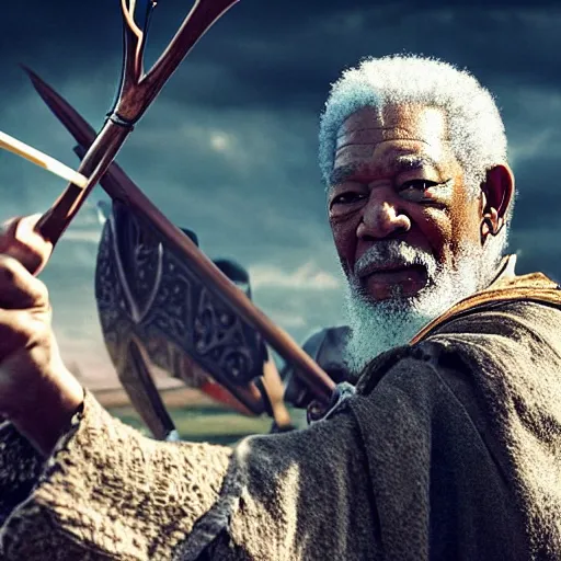 Prompt: morgan freeman playing odin all father from the thor movie, sir ian mckellen shooting arrows from his bow, highly detailed, cinematic shot, cinematic lighting, 8 k, exquisit facial detail