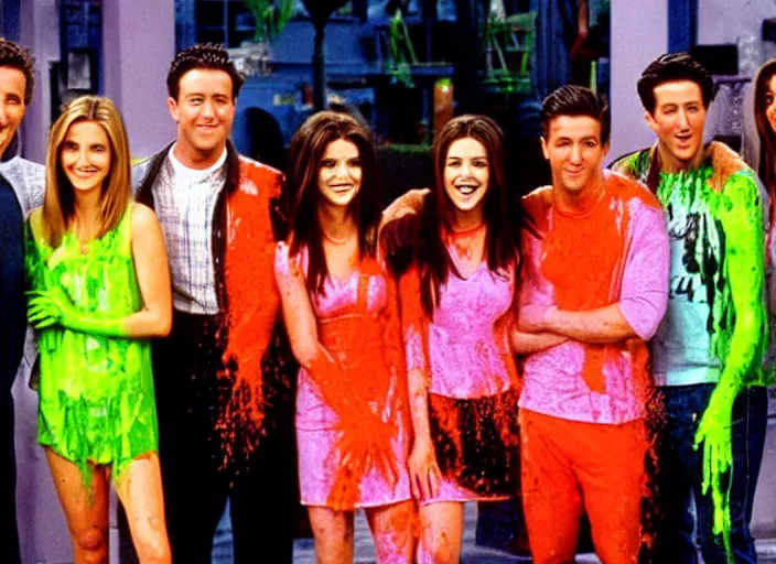 Image similar to the cast of friends getting slimed by nickelodeon