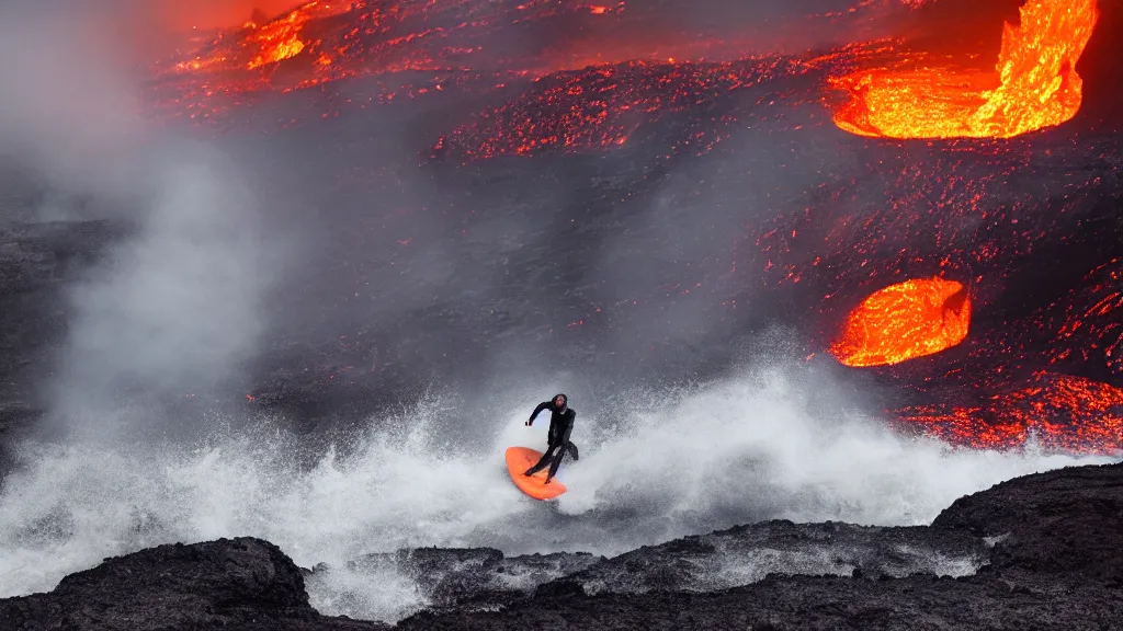 Image similar to person in armor surfing down a river of lava on the side of a volcano on surfboard, action shot, dystopian, thick black smoke and fire, motion blur, sharp focus, cinematic, tilt shift lens