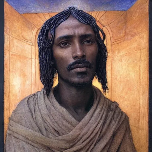 Image similar to masterpiece, somali man with long hair, sculpture from islamic civilization, by annie swynnerton and diego rivera and nicholas roerich and jean delville and charlie bowater, symbolist, dramatic lighting, god rays, art brut, rich colors, smooth sharp focus, extremely detailed, adolf wolfli and ( donato giancola and bilibin )