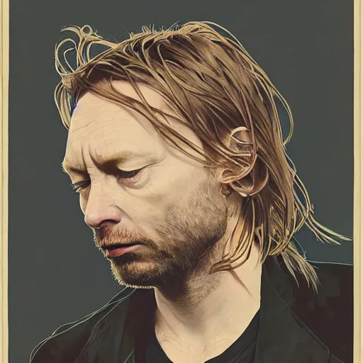 Image similar to hyper realistic portrait of similar version thom yorke shorter hair variations singer songwriter ok computer, ( side ) profile, liminal space, by lee bermejo, alphonse mucha and greg rutkowski