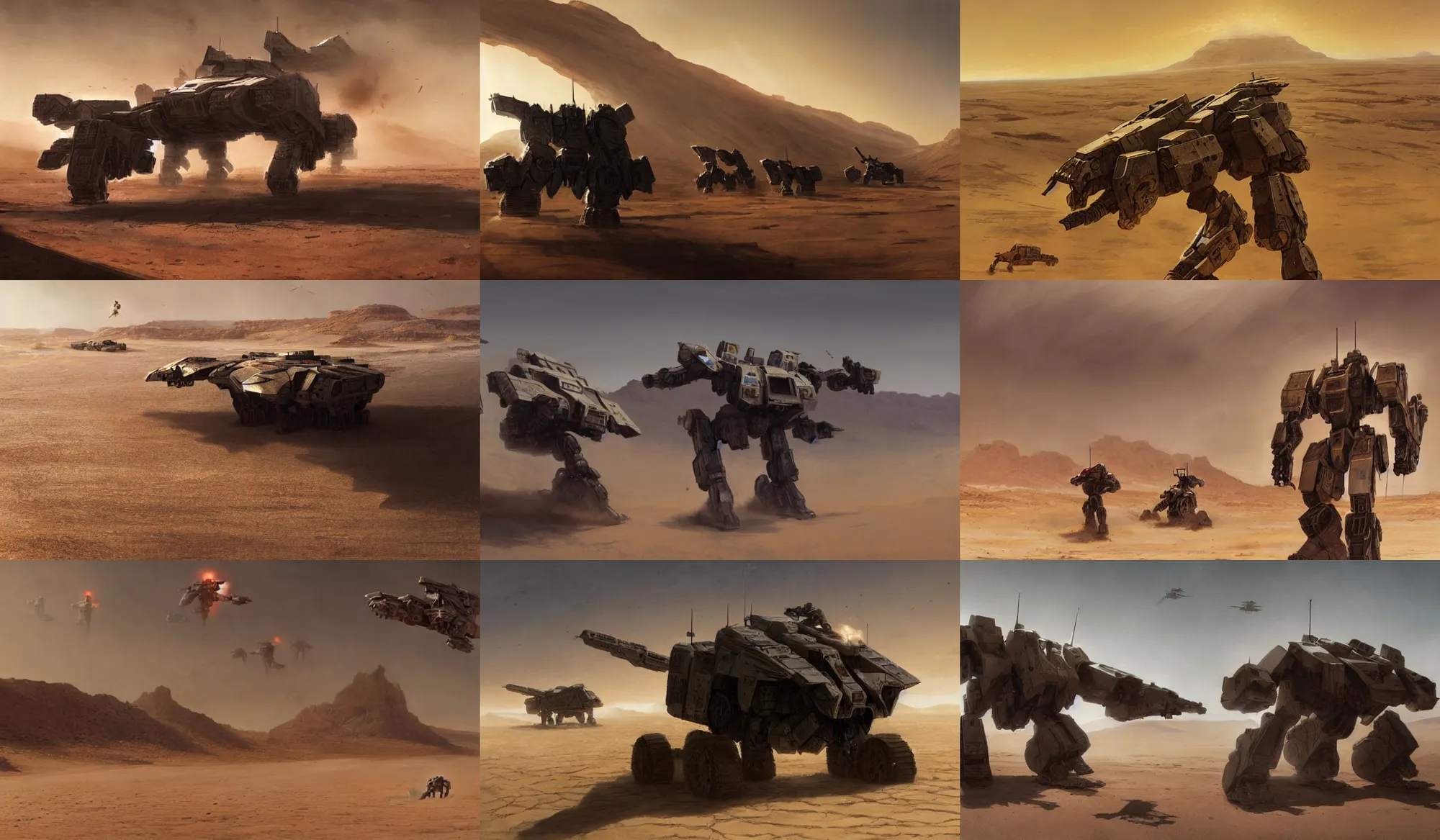 Prompt: a mechwarrior as armored core v running across the open desert, empty desert, sand, karst landscape, wide shot, concept art by greg rutkowski