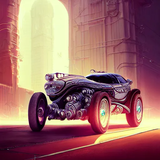 Image similar to cyborg cyber vintage supercar slick, warm pastel tones : by michal karcz, daniel merriam, victo ngai and guillermo del toro : ornate, dynamic, particulate, intricate, elegant, highly detailed, centered, artstation, smooth, sharp focus, octane render