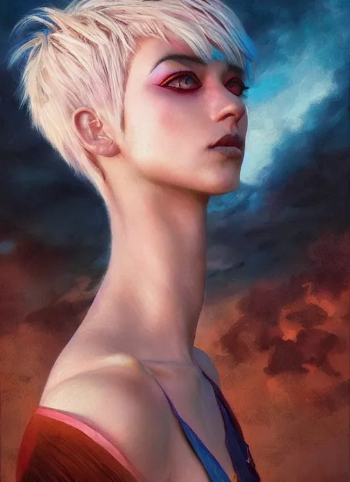 Prompt: girl with rainbow hair, pixie haircut, beautiful highly detailed face, complementary lighting, backlit, black eyeshadow, lipstick, divine, dramatic lighting, landscape background, beautiful painting by artgerm and greg rutkowski and raymond swanland