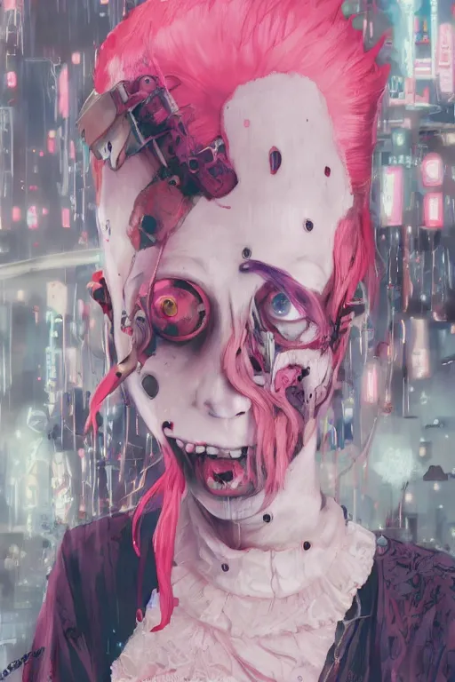 Image similar to by kyoto animation, very creepy clown girl pink hair, tears from the eyes, wearing cyberpunk intricate streetwear, beautiful, detailed portrait, intricate complexity, ilya kuvshinov, cell shaded, 4 k, concept art, by wlop, ilya kuvshinov, greg rutkowski, sharp focus, volumetric lighting, cinematic lighting