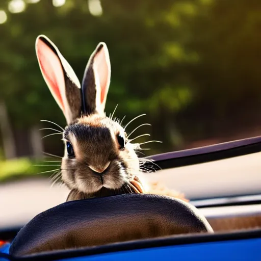 Image similar to bunny riding a convertible, studio photo, high quality