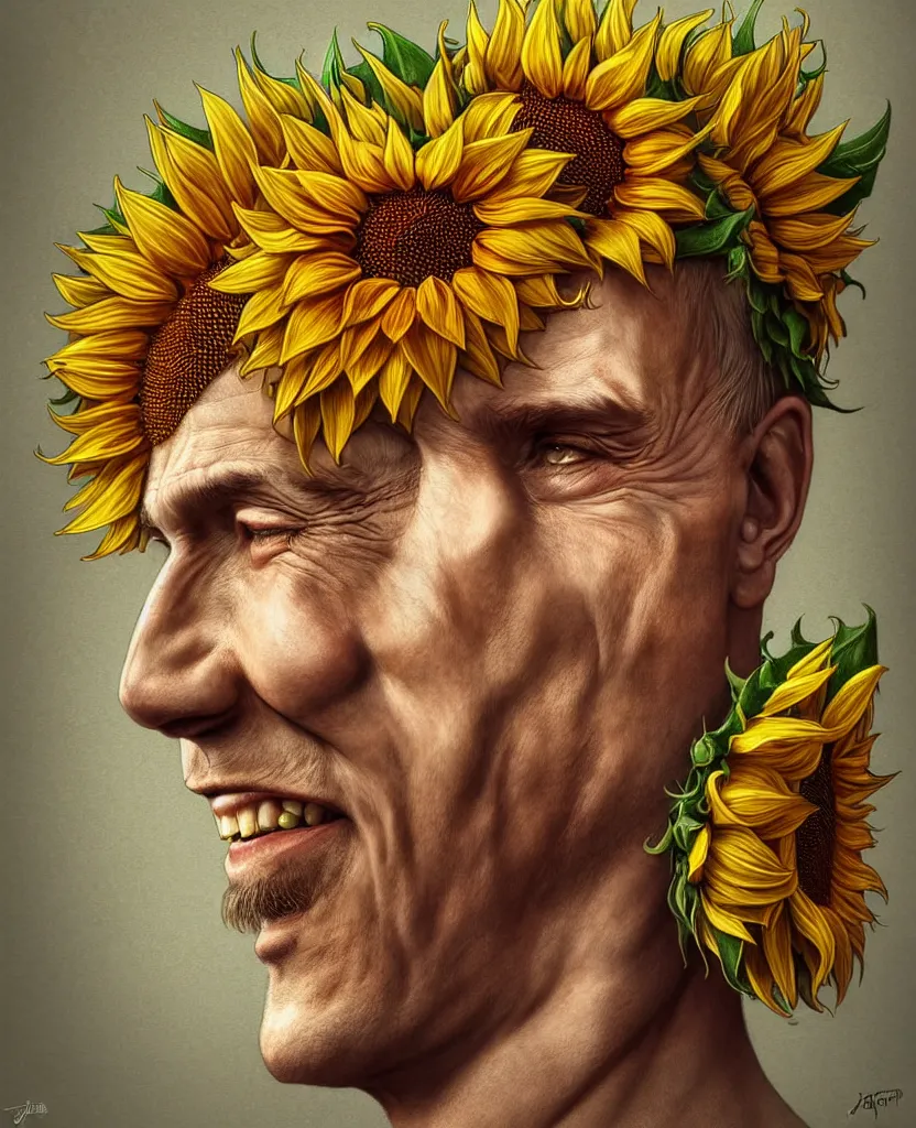 Image similar to digital art, centered full body of young any old Putin smiling king, Sunflower crown, ,intricate, veins, by James Jean and by artgerm , by ross tran ultradetailed, charachter design, concept art, trending on artstation,