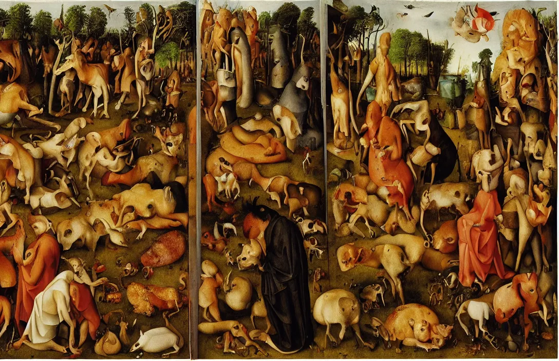 Image similar to vegetarians and carnivores, painting by bosch, extremely detailed triptych