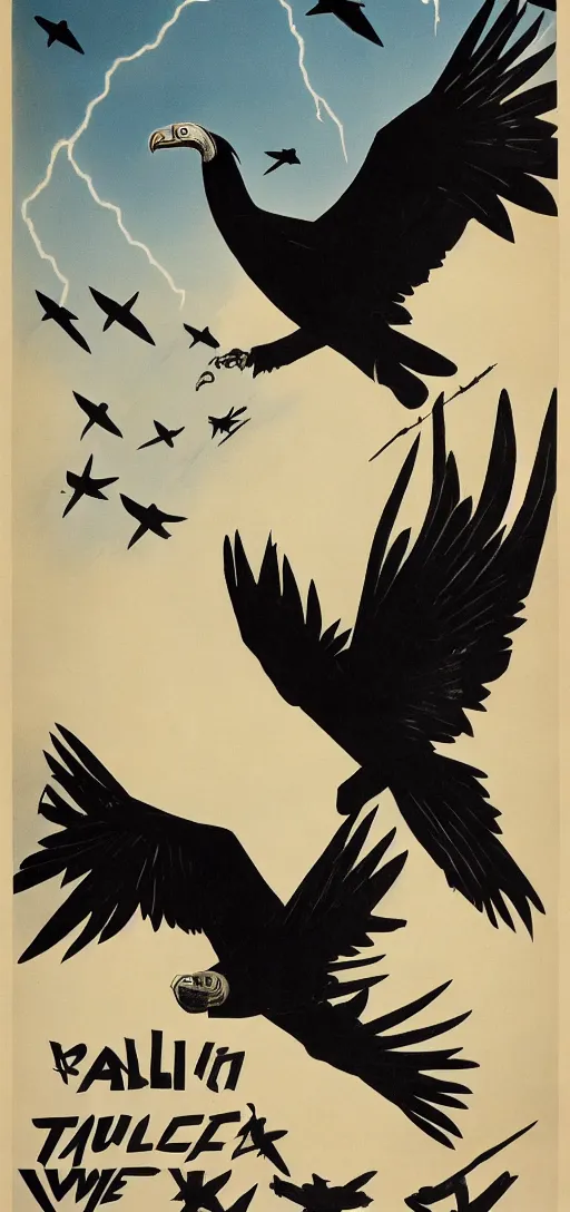 Image similar to balck Vulture with one lightning bolts in 1940s propaganda poster