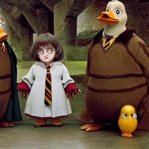 Image similar to Harry Potter, Ron and Hermiona look like ducks from a DuckTales style