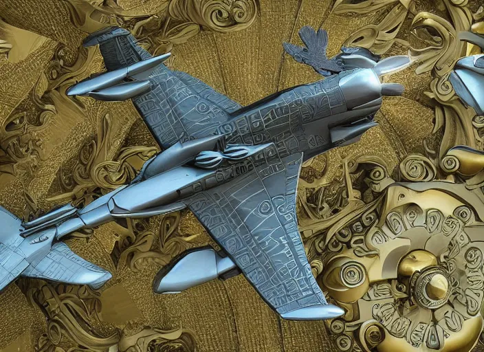 Prompt: a 3 d scene of an angelic military aircraft fighter jet with swan wings with ornate rococo patterns flying over an enchanted forest, biopunk, fantasy setting