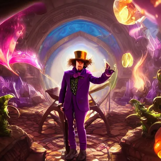 Image similar to portrait of willy wonka as a spellcaster, league of legends amazing splashscreen artwork, splash art, natural light, elegant, photorealistic facial features, intricate, fantasy, detailed face, atmospheric lighting, anamorphic lens flare, cinematic lighting, league of legends splash art, hd wallpaper, ultra high details by greg rutkowski