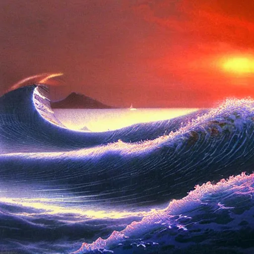 Image similar to typhoon at dusk in the style of Koginawa wave, by Bruce Pennington