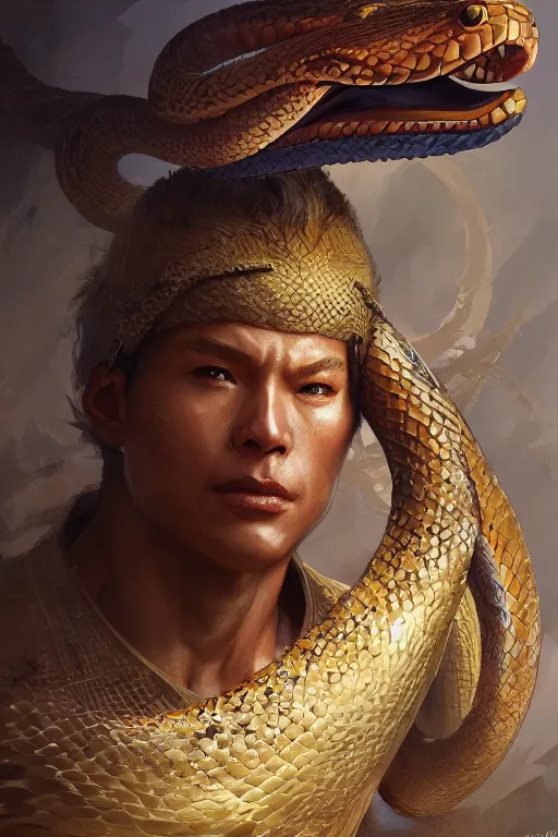 Image similar to male snake king warrior, treasure room, highly detailed, digital painting, artstation, concept art, smooth, sharp focus, illustration, art by artgerm and greg rutkowski and alphonse mucha and andrei riabovitchev