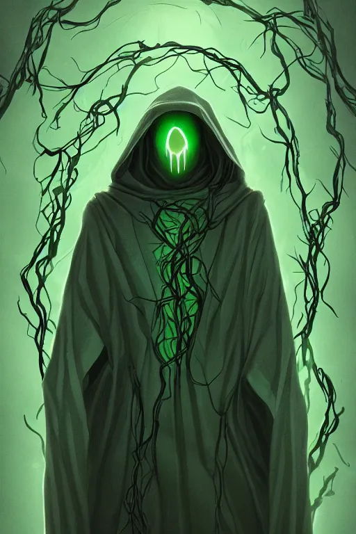 Image similar to A full body portrait of a ghost like character with no face, glowing eyes and a very long hooded dark green cloak made of leaves and vines art by Shaddy Safadi and Jason Chan, ominous, cosmic horror, trending on artstation, Ultra detailed, hyper realistic 4k