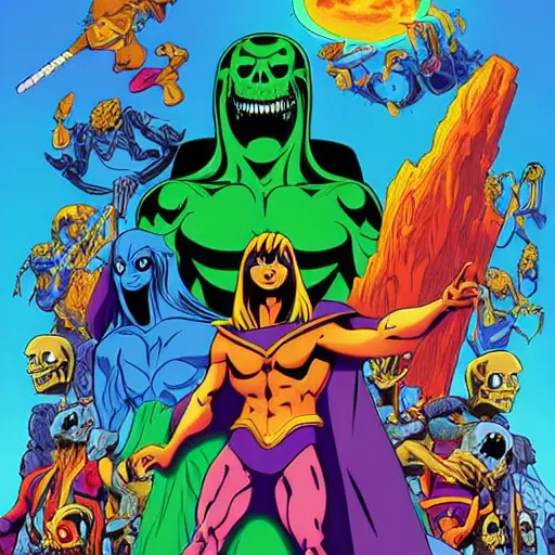 Prompt: TV poster of a animated movie based on original he-man TV show, starring Skeletor, art by Alex Pardee and Dan Mumford