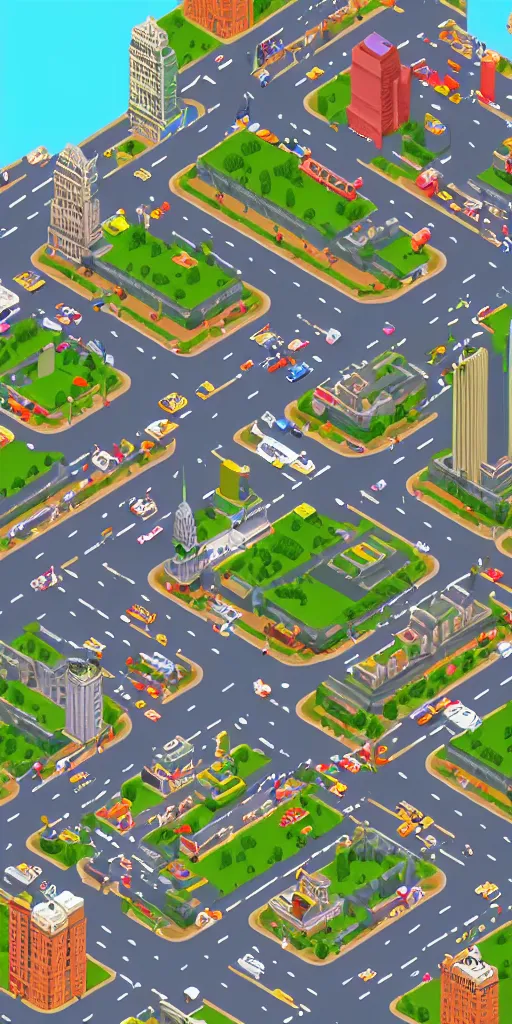 Prompt: https://i.ytimg.com/vi/jk7BkwksgX8/maxresdefault.jpg New York in SimCity2000 style. isometric. retro. pixelart. maxis. cars. people. 5th Avenue. Statue of liberty. Flatiron building. United nations Headquarters. Chrysler building. Times Square. Central Park. Rockefeller Plaza. Empire State. Pixel art.