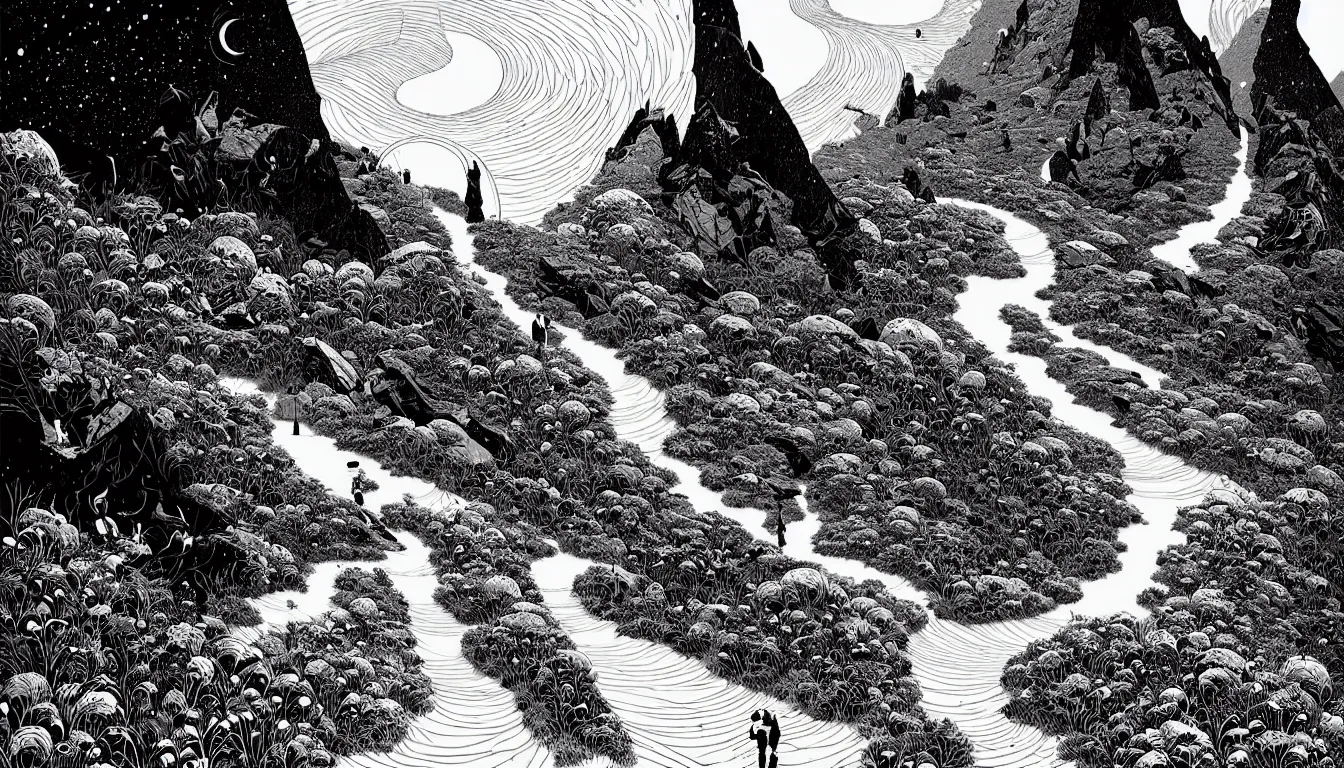 Image similar to mountain path hike by nicolas delort, moebius, victo ngai, josan gonzalez, kilian eng