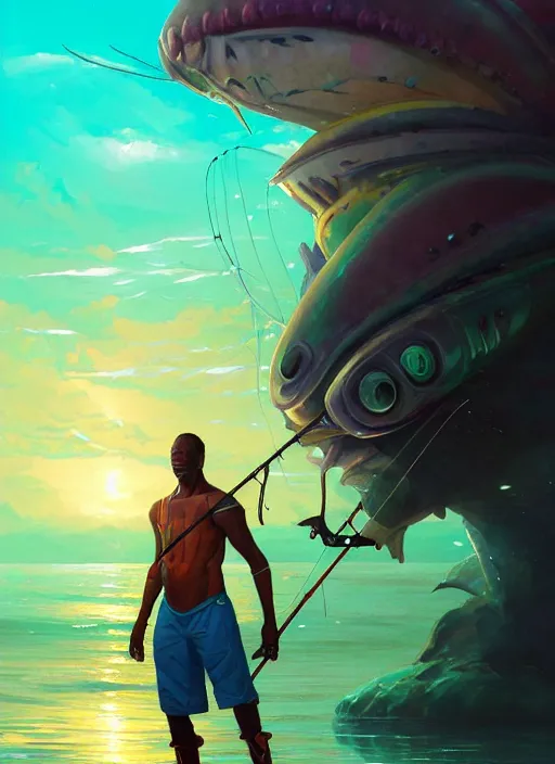 Prompt: portrait of a male jamaican fisherman sci - fi glowing fishing armor and fishing weapon cyberpunk muscular intricate elegant highly detailed digital painting artstation concept art, ocean background, jamaican colors, cinematic, greg rutkowski, loish, rhads, ferdinand knab, makoto shinkai and lois van baarle, ilya kuvshinov, rossdraws, tom bagshaw