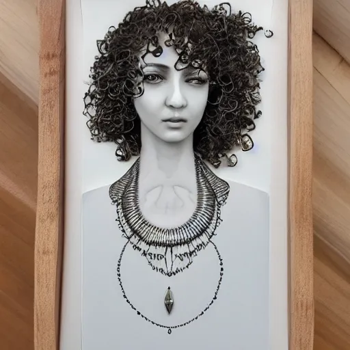 Image similar to beautiful female portrait, made of 3 d swirls, inner glow, symmetric face, flowing curly hair, under the moonlight, gemstone necklace, by wlop