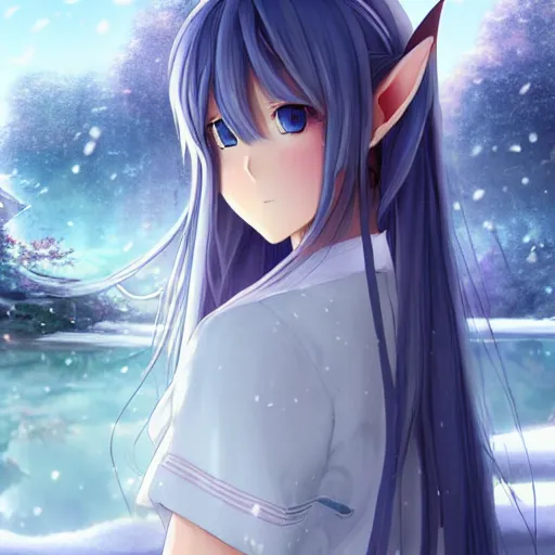 Image similar to a very beautiful anime elf girl, full body, long silver hair with a flower, sky blue eyes, full round face, short smile, casual clothes, ice snowy lake setting, cinematic lightning, medium shot, mid-shot, highly detailed, trending on Artstation, Unreal Engine 4k, cinematic wallpaper by Stanley Artgerm Lau, WLOP, Rossdraws, James Jean, Andrei Riabovitchev, Marc Simonetti, and Sakimichan